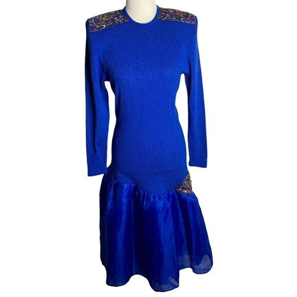 Donna Michele Dresses & Skirts - Vintage Donna Michele Dropped Waist Dress S Blue Knit Sequin Tulle Petti Skirt